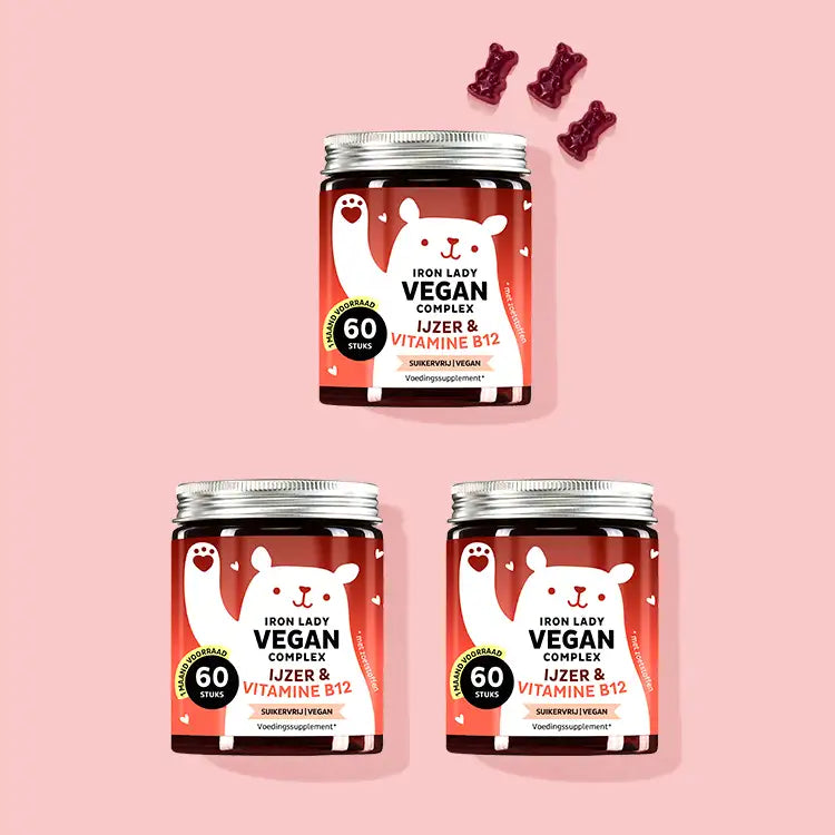 The Iron Lady Vegan Complex Vitaminen met IJzer van Bears with Benefits in een kuur van 3 maanden.