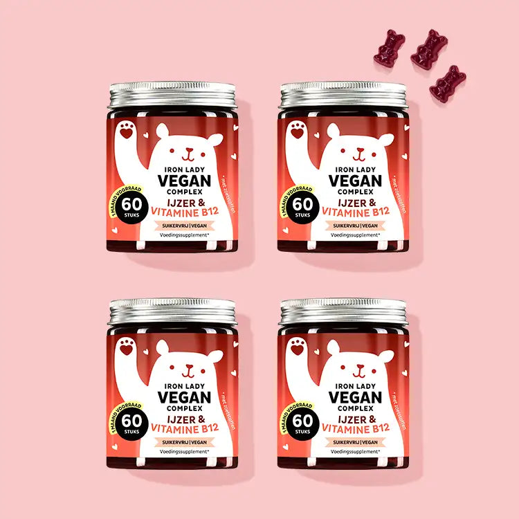 The Iron Lady Vegan Complex Vitaminen met IJzer van Bears with Benefits in een kuur van 4 maanden.