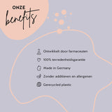 Bears with Benefits-producten zijn ontwikkeld in samenwerking met apothekers, hebben een hoge biologische beschikbaarheid en zijn gluten- en lactosevrij. De verpakking is gemaakt van gerecycled PET en er is een 100% tevredenheidsgarantie.