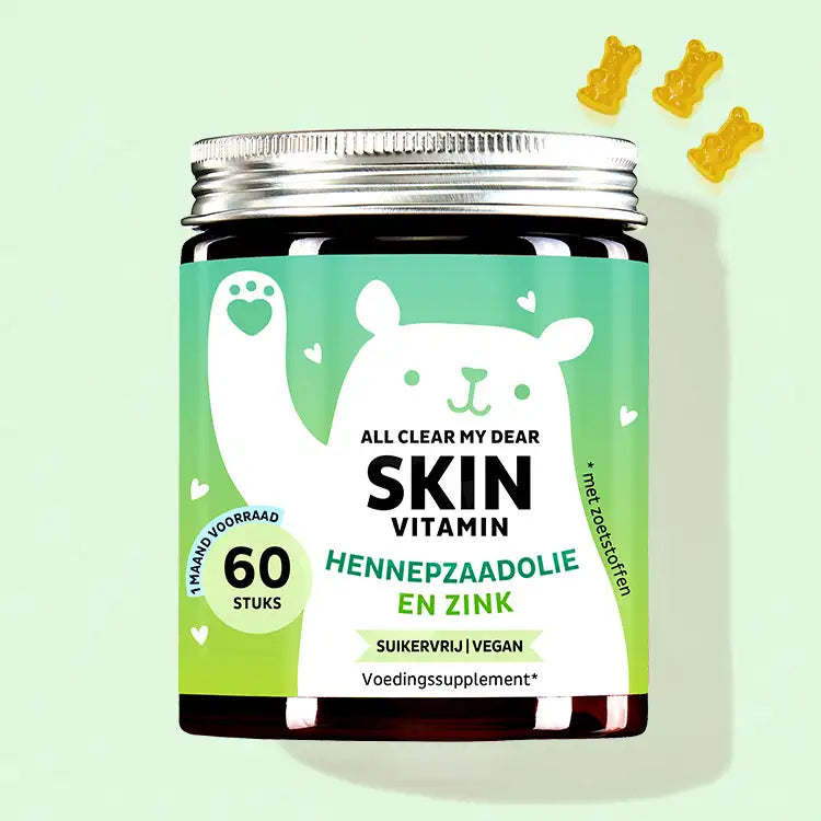 Een blikje van de All Clear My Dear Vitamins met hennepzaadolie van Bears with Benefits voor de onzuivere huid.